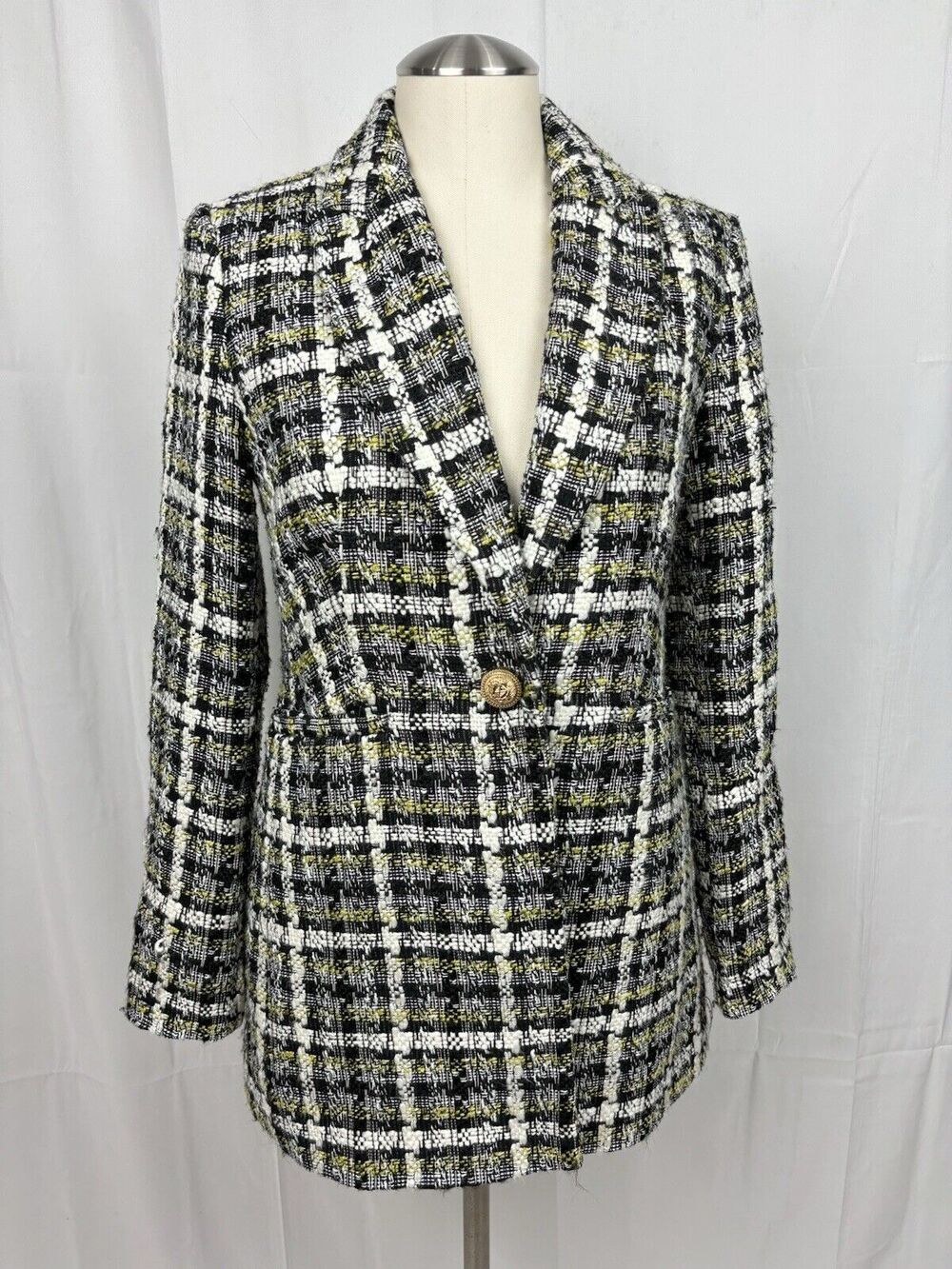 Tahari Women’s Tweed Suit Jacket Black White Yellow One Gold Button Mid Length